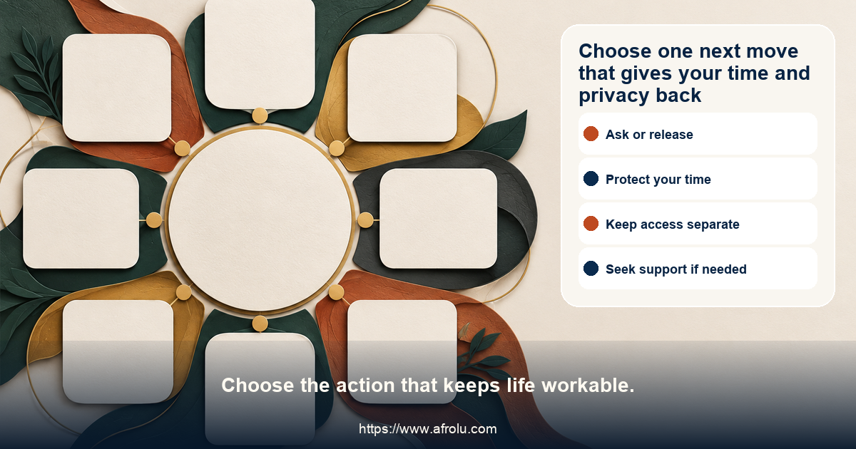 Equal-choice low-pressure dating action board offers ask once, protect time, keep private life separate, decline money, set a boundary, end contact, and seek support