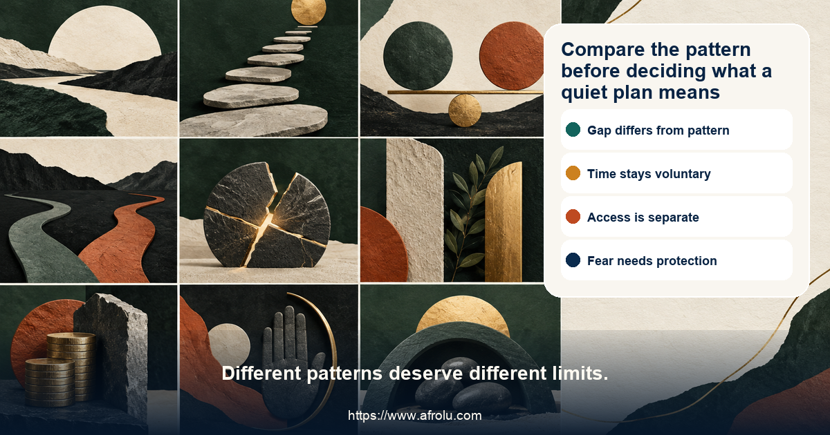 Nine-panel low-pressure dating comparison contrasts a quiet gap, clear plan, compatible pace, mismatch, repair, access pressure, financial or career request, unwanted pursuit, and safety concern
