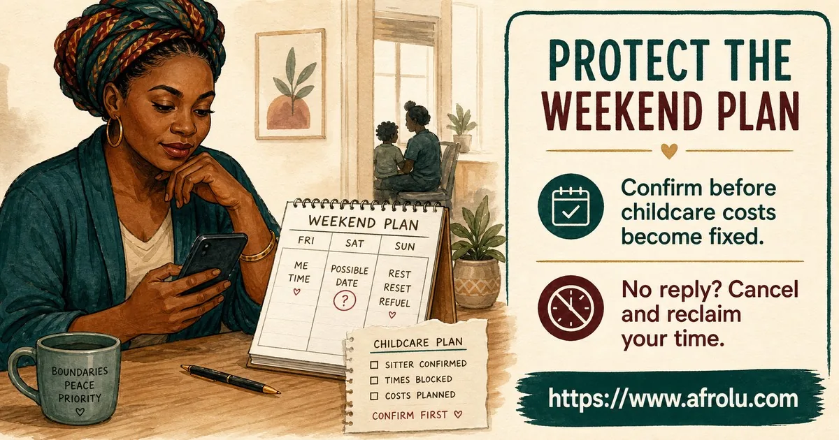 An adult single parent checks a weekend calendar before childcare costs become fixed and calmly reclaims the time when a date does not confirm.