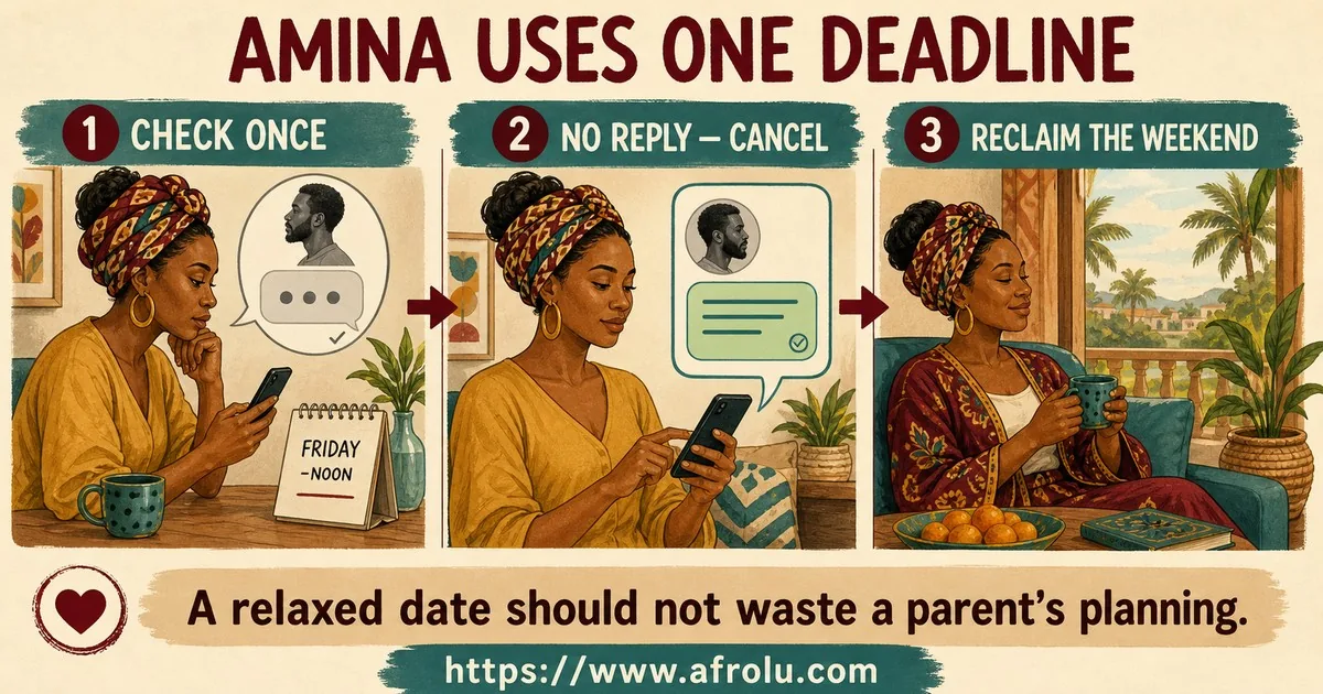Amina checks once before her sitter deadline, cancels an unconfirmed date, and reclaims her weekend without involving her children in adult dating uncertainty.