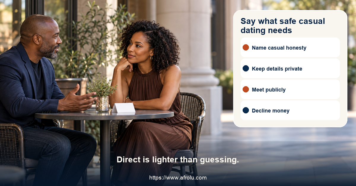 Four plain-language adult cards offer a casual honesty line, a family privacy boundary, a public meeting preference and a refusal of money or private pressure