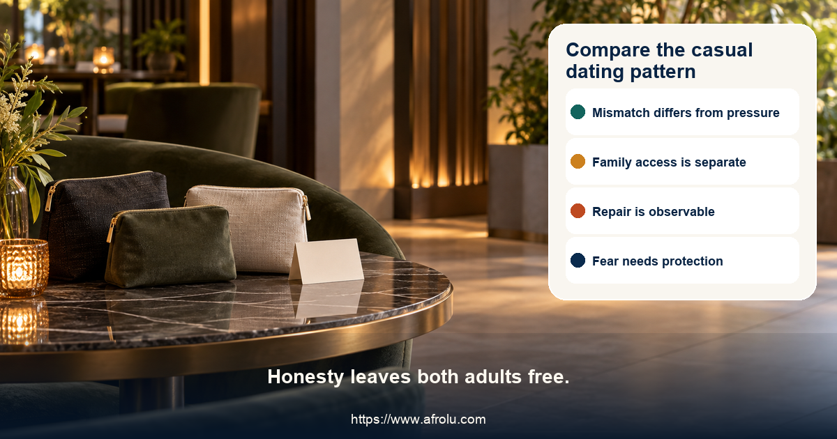 Nine-panel casual ghosting comparison contrasts an honest mismatch, faded chat, clear public plan, late private switch, respectful return, family-detail request, money request, relay contact and safety concern