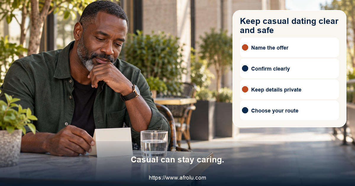 Fictional adult parent reviews a safe casual dating plan with a public meeting card, independent route, time boundary, privacy lock and family-details shield