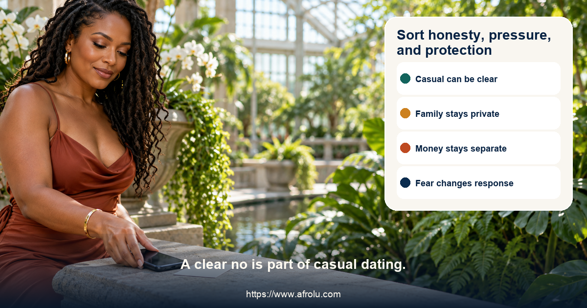 Three-lane casual dating signal board separates clear adult plans from vague availability, family-detail or money requests, repeated contact and fear