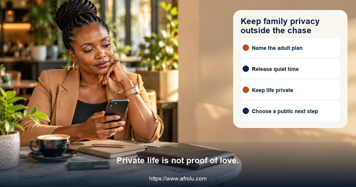 Fictional adult parent dater considers an unanswered chat at a public Nairobi-inspired cafe beside a calm adult-only plan, independent route, privacy lock and trusted-support note; no children are shown