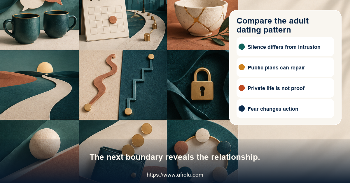 Nine-panel adult dating comparison for parents in Nairobi contrasts a quiet chat, missed public date, repair, vague return, pace mismatch, family shortcut, helpful pressure, financial extraction and fear; no children are shown