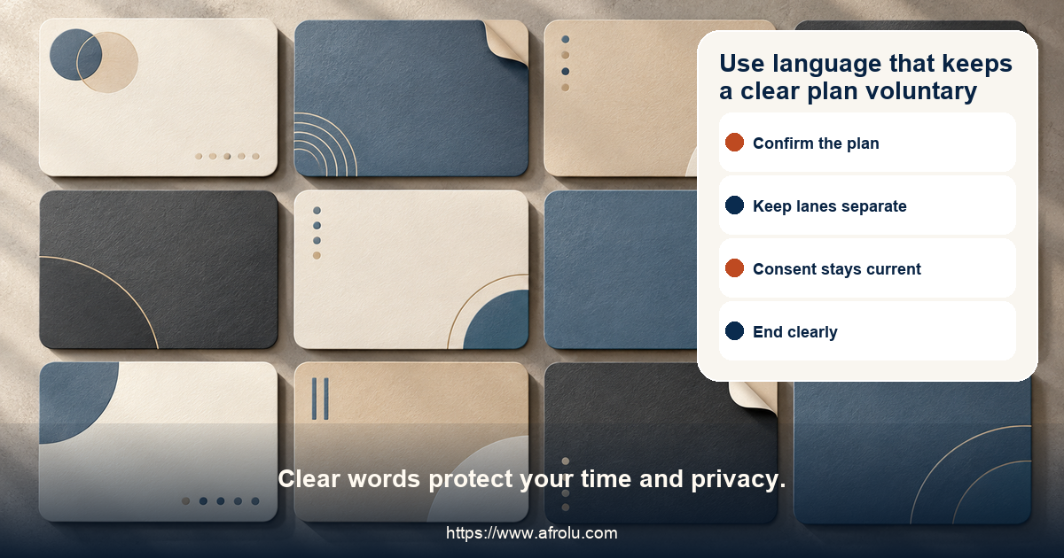 Twelve adult dating scripts cover confirmation, capacity, calendar privacy, returns, work boundaries, money, meetings, consent, mismatch, and no-contact limits