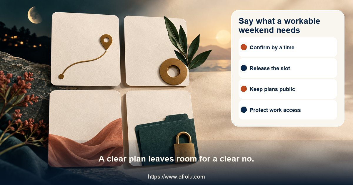 Four plain-language adult cards offer a clear invitation, a release line, a refusal of late private plans and a boundary around professional access