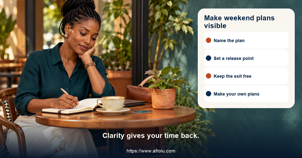 Fictional adult professional reviews a public weekend date plan at a calm table with a confirmation cutoff card, independent transport, privacy lock and a personal calendar