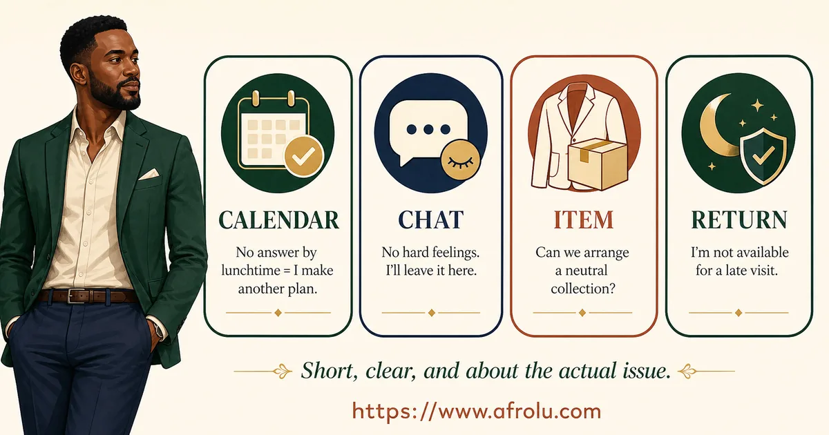 Four concise scripts help an adult professional close an unconfirmed calendar, let a chat end, arrange neutral item collection, or decline a late visit.