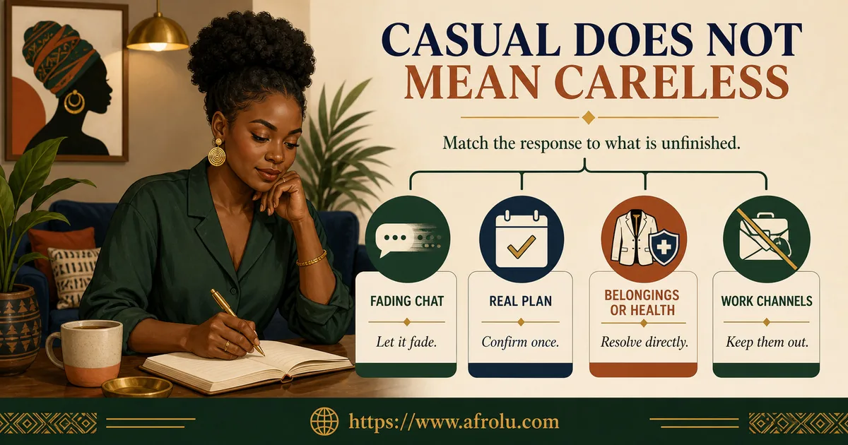 Adult professional matches four ghosting responses to unfinished business: let a fading chat fade, confirm a real plan, resolve belongings or health directly, and keep work channels out.
