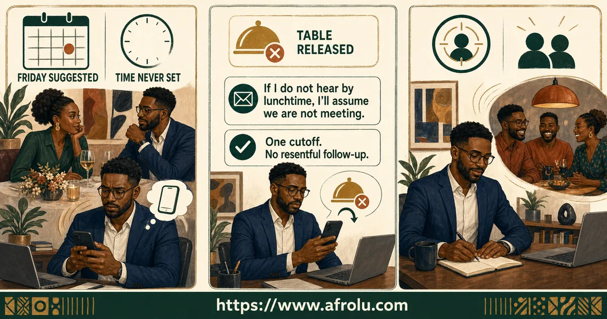 Tariq handles an unconfirmed Friday dinner by setting one lunchtime cutoff, releasing the table, returning to work, and making another social plan.