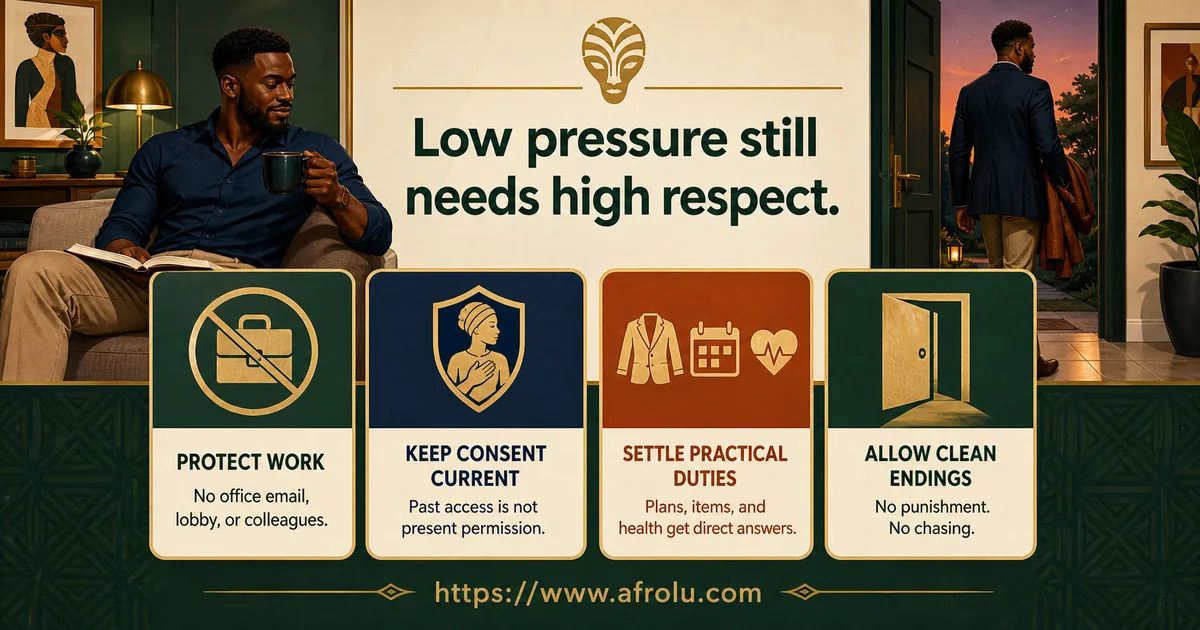 Adult professional protects work identity, keeps consent current, settles plans, items and health directly, and allows clean casual endings without chasing.