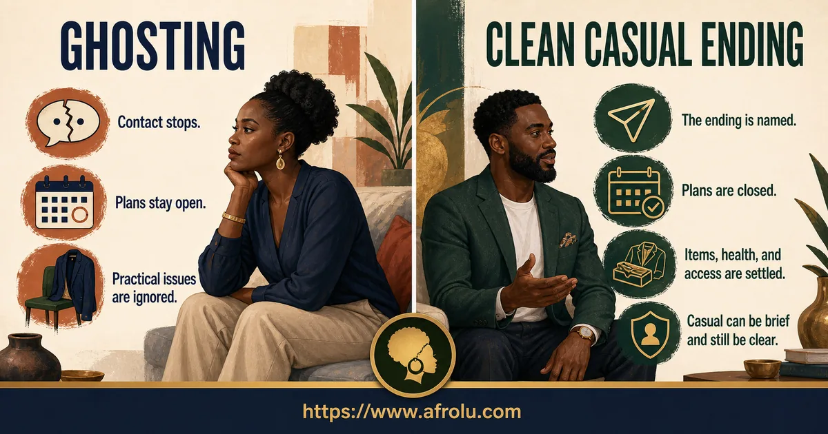 Comparison shows ghosting leaving contact, plans, and practical issues open, while a clean casual ending names the ending and settles plans, items, health, and access.