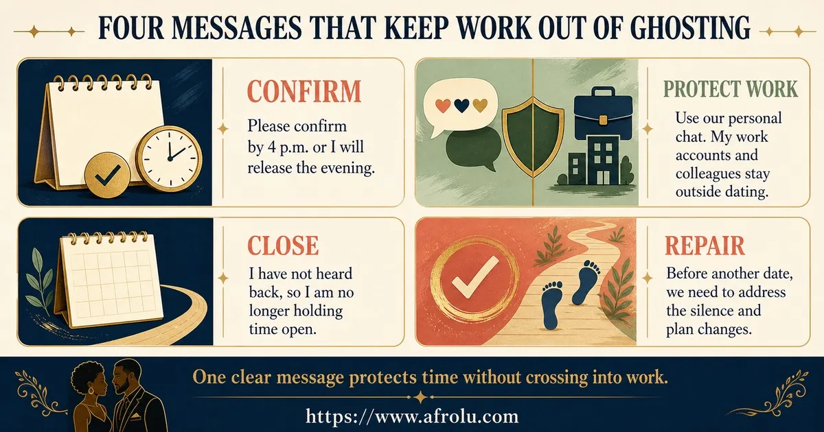 Four message cards help professionals confirm by a deadline, keep work accounts and colleagues outside dating, close an unanswered calendar hold, and address silence before another date.