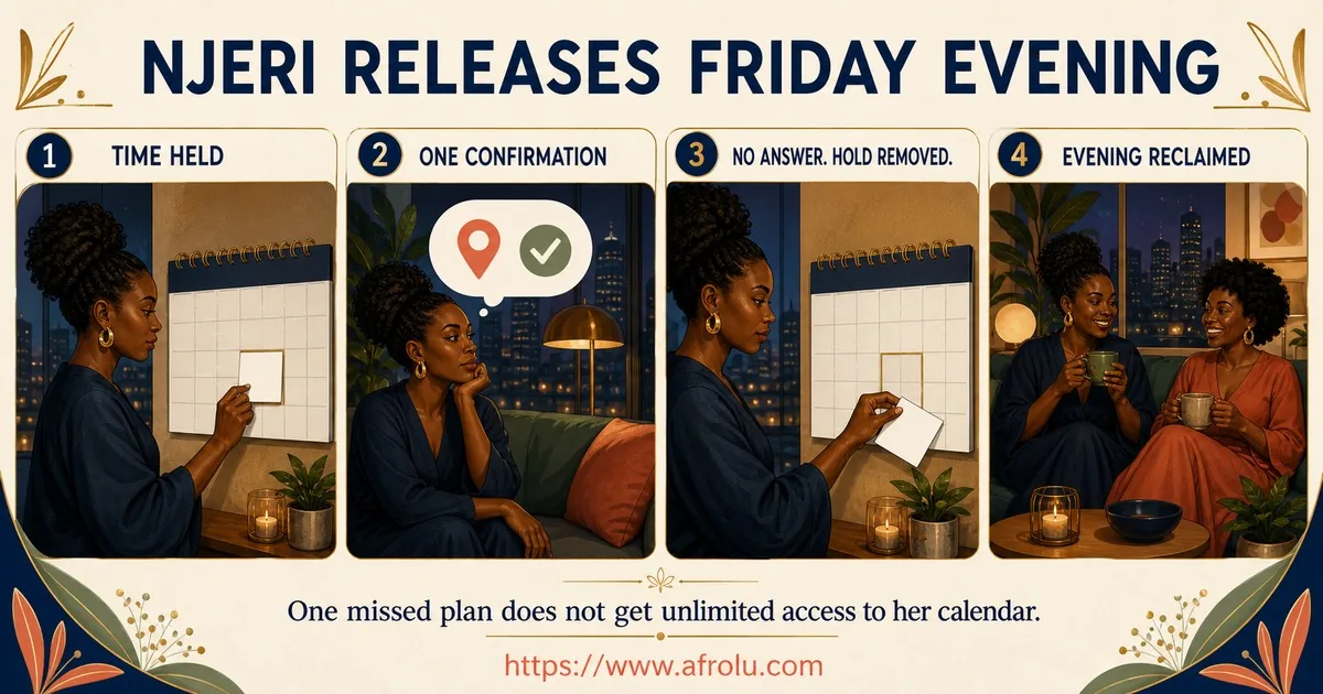 Four panels show Njeri holding Friday evening, making one private venue confirmation, removing the unanswered calendar hold, and reclaiming the evening with a friend.