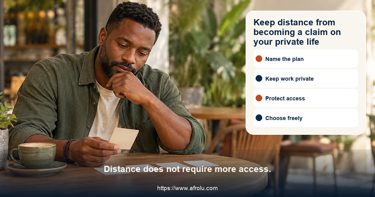 Fictional adult Black dater in a neutral public cafe reviews a long-distance safety choice map with name the plan, keep work private, protect access, and choose freely cards