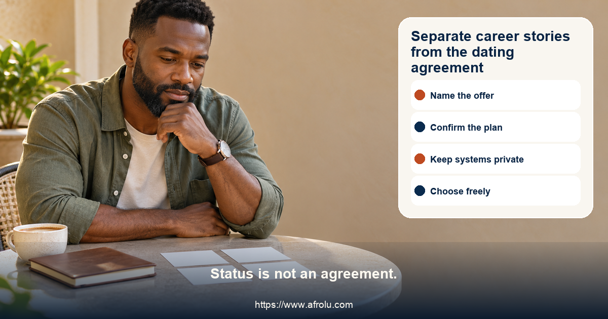 Fictional adult Black professional in a neutral public cafe compares serious, casual, and unclear dating paths on a calm choice map with confirmed plan and privacy cards