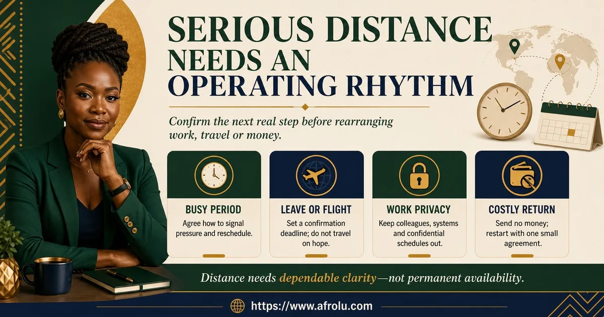 A professional sets a busy-period rhythm, confirms leave or flights before travel, protects workplace confidentiality, and refuses costly re-entry after silence.