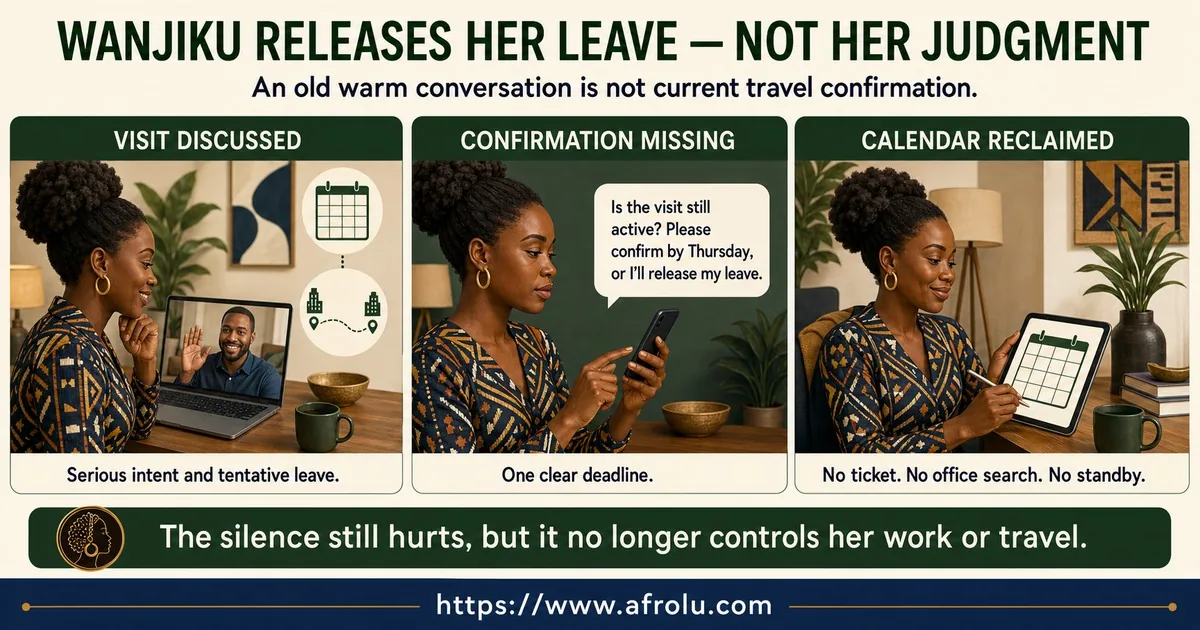 Wanjiku asks once whether a serious long-distance visit is active, then releases tentative leave without buying a ticket or contacting the other person’s office.