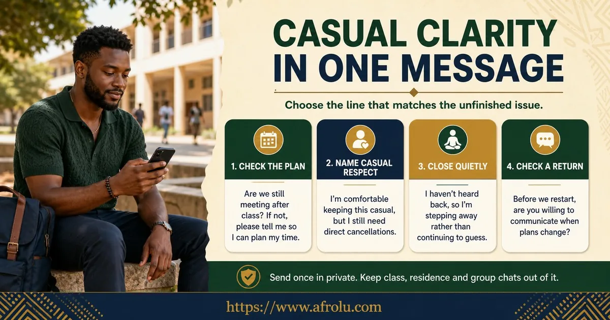 An adult student chooses one private message to check a plan, name casual respect, close quietly, or ask whether communication will change after a return.