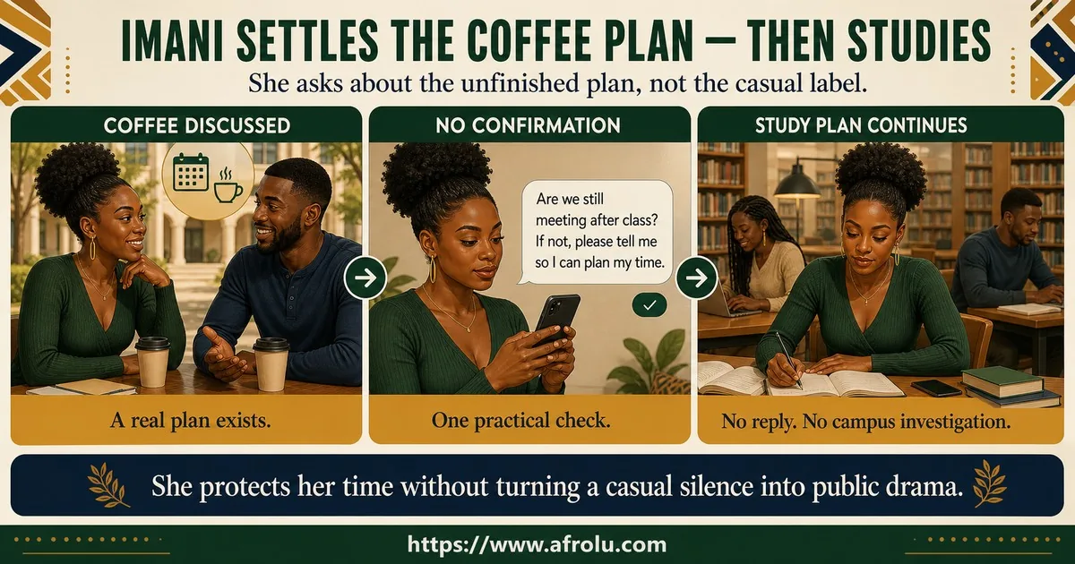 Adult student Imani checks an unfinished after-class coffee plan once, then studies with friends without starting a campus investigation.