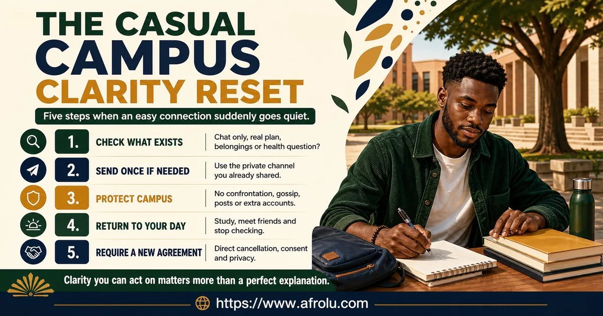 An adult student checks what remains unfinished, sends once if needed, protects shared campus spaces, returns to study, and requires a new communication agreement before restarting.