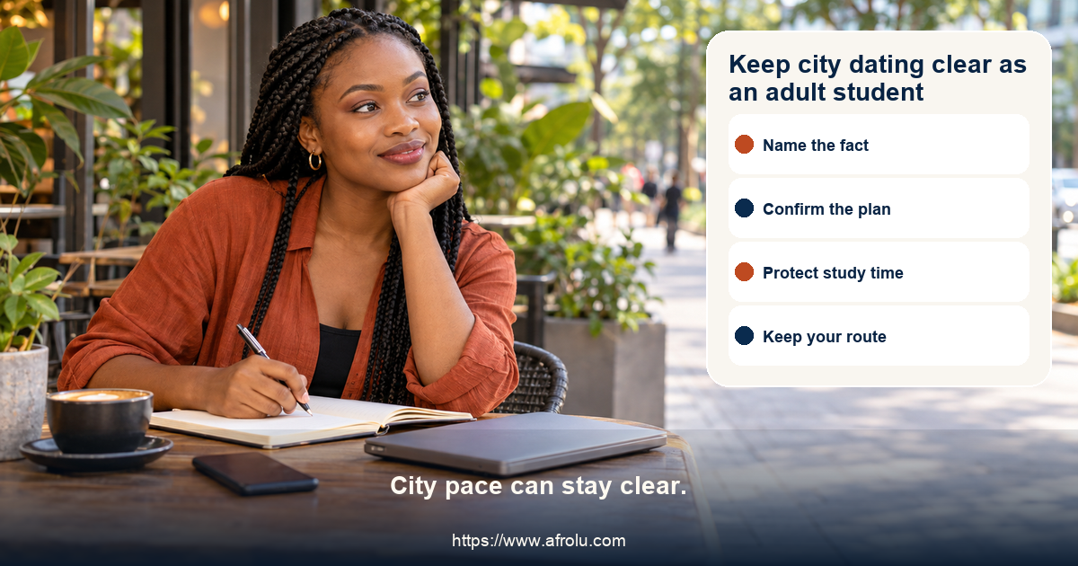 Fictional adult student reviews a clear city dating plan with a public meeting card, independent route, study-time boundary, privacy lock and budget marker