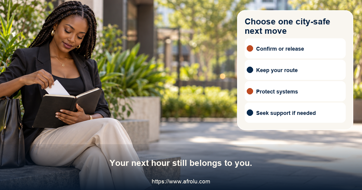 Equal-choice action board for adult student city ghosting offers confirm a plan, release time, choose a public route, protect study data, decline money, end contact and seek support