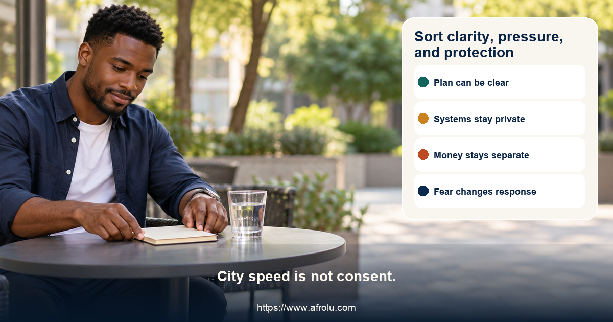 Three-lane adult student city dating signal board separates clear public plans from vague pressure, data or money requests, monitoring and fear