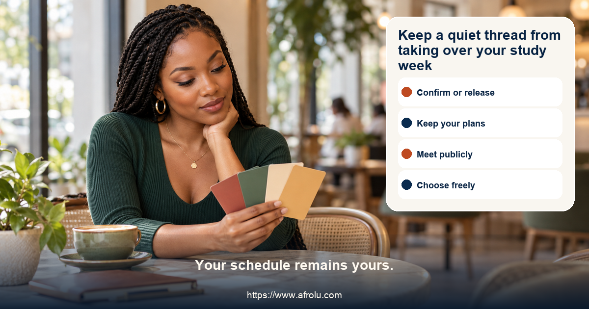 Fictional adult learner in a calm public cafe reviews a low-pressure casual dating choice map with confirm, keep plans, meet publicly, and choose freely cards