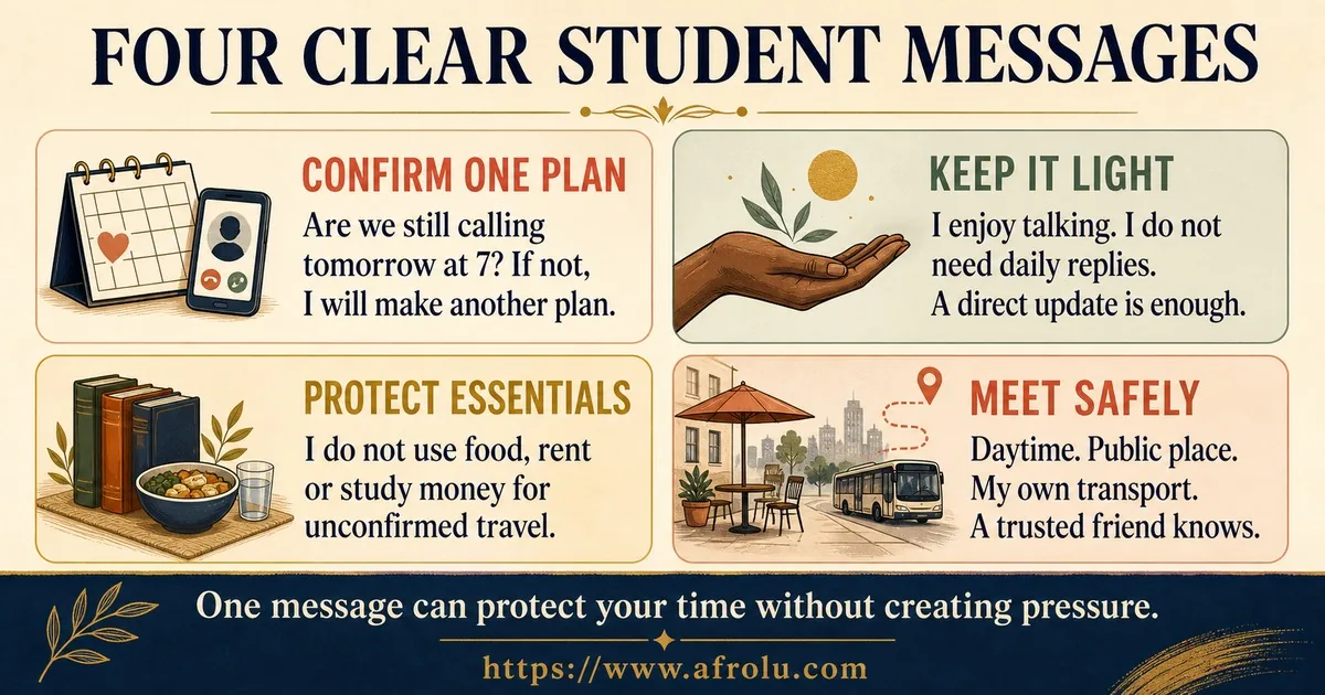 Four message cards help students confirm one call, keep a connection low-pressure, protect food, rent and study money, and set a daytime public meeting with independent transport.