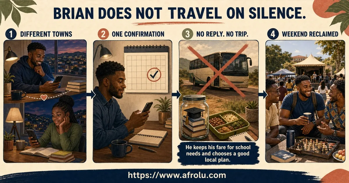 Four panels show Brian and Amina chatting from different towns, Brian sending one confirmation, cancelling an unanswered bus trip while protecting school needs, and reclaiming his weekend at a local event.
