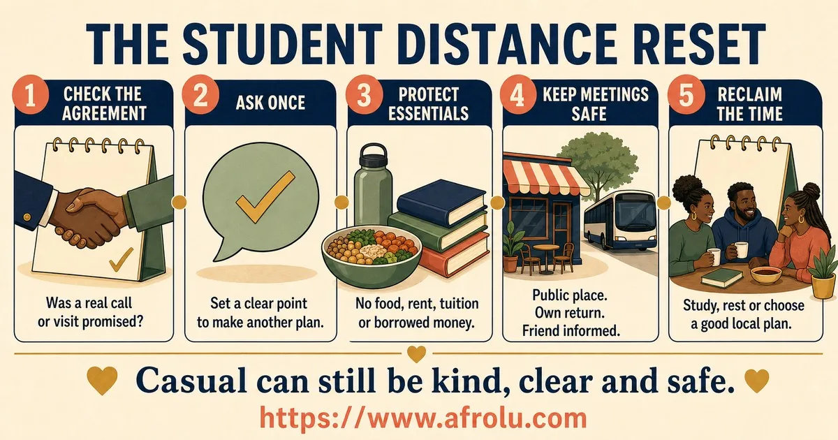 A five-step student distance reset says to check the agreement, ask once, protect essentials, keep meetings public with an independent return, and reclaim the time locally.