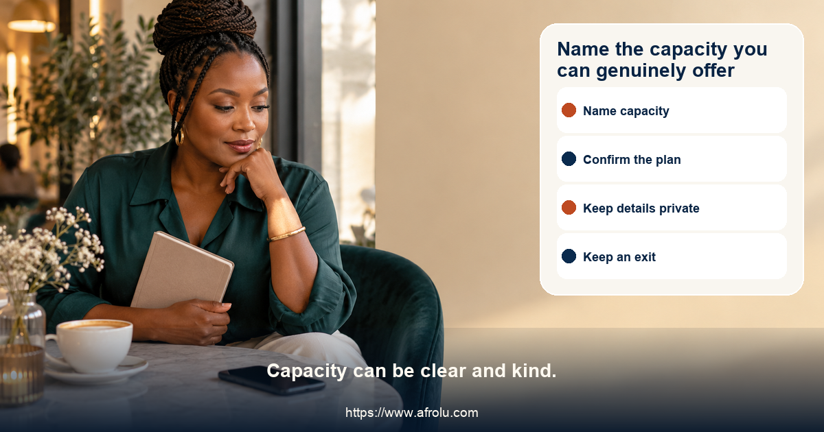 Fictional adult considers four equal dating choice cards for naming capacity, confirming a small plan, keeping private details private, and choosing an independent exit