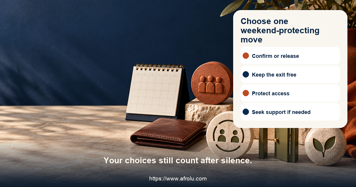 Equal-choice weekend action board for adult students offers confirm, release, keep a date public, use independent transport, protect data, keep money separate, end contact and seek support