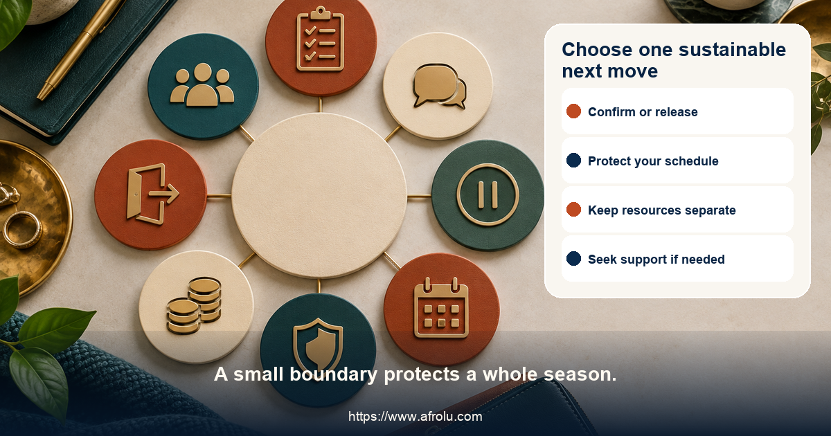 Equal-choice board for adult students dating seriously offers confirm, ask once, pause, protect schedule, keep career access private, decline money, end contact and seek support