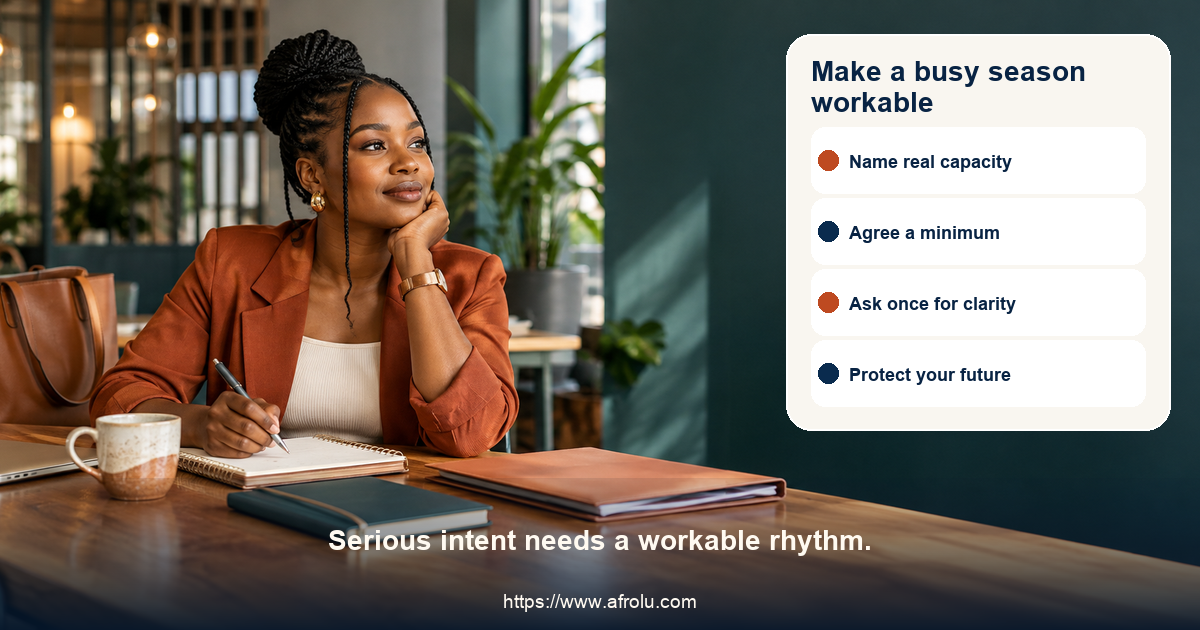 Fictional adult student dater reviews a serious dating rhythm at a calm desk with a planning card, independent route, privacy lock and career notebook; no school-age people are shown