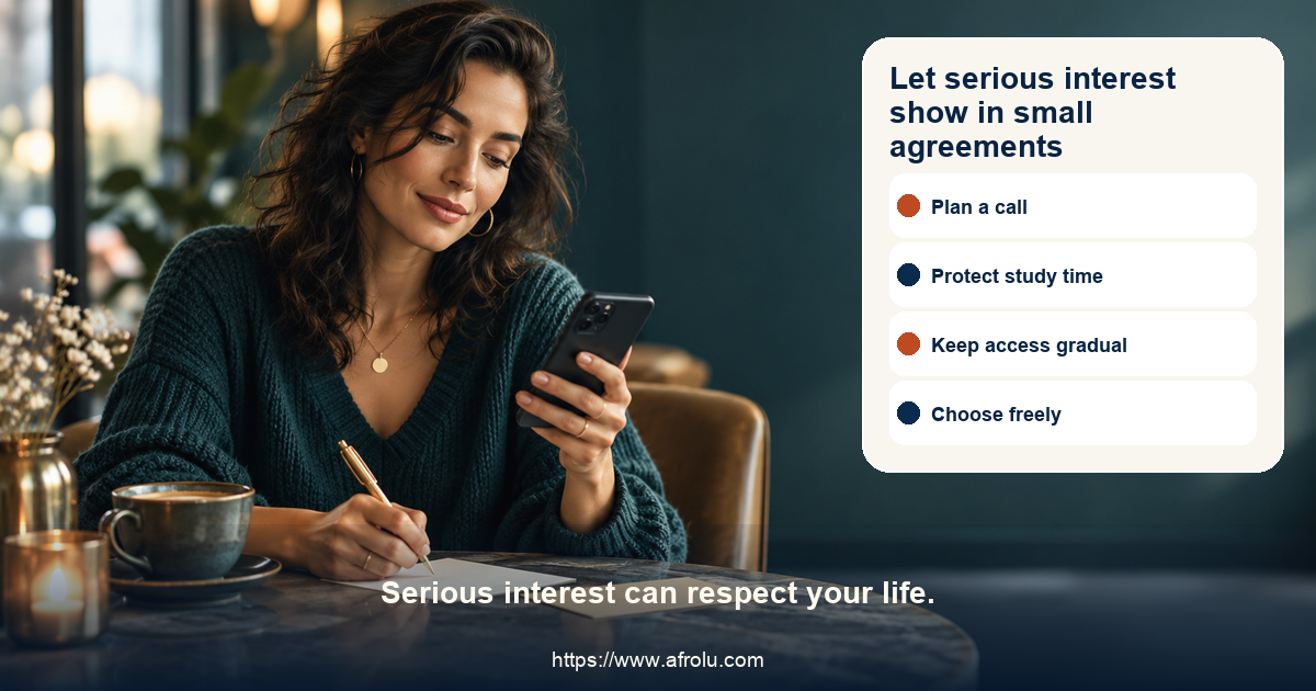 Fictional adult learner in a neutral public cafe reviews a serious long-distance dating choice map with plan a call, protect study time, keep access gradual, and choose freely cards
