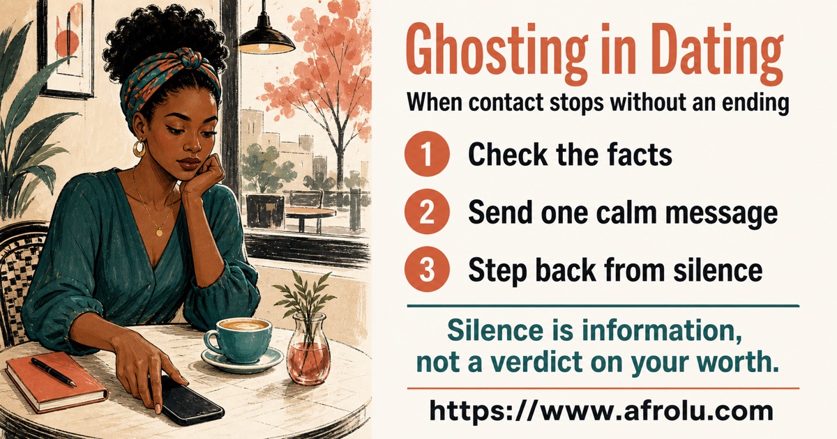 Illustrated ghosting guide showing an unanswered message, a calm one-message rule, and the decision to step back