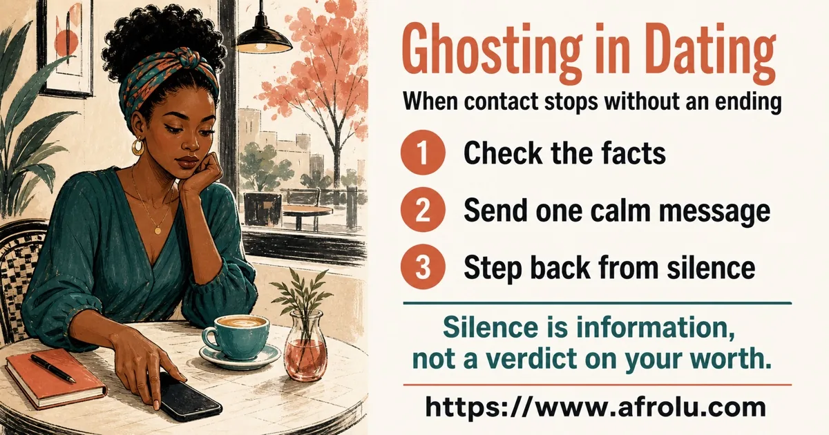 Illustrated ghosting guide showing an unanswered message, a calm one-message rule, and the decision to step back