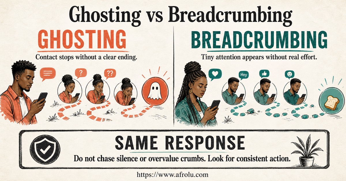 Ghosting versus breadcrumbing comparison showing complete silence against occasional low-effort attention