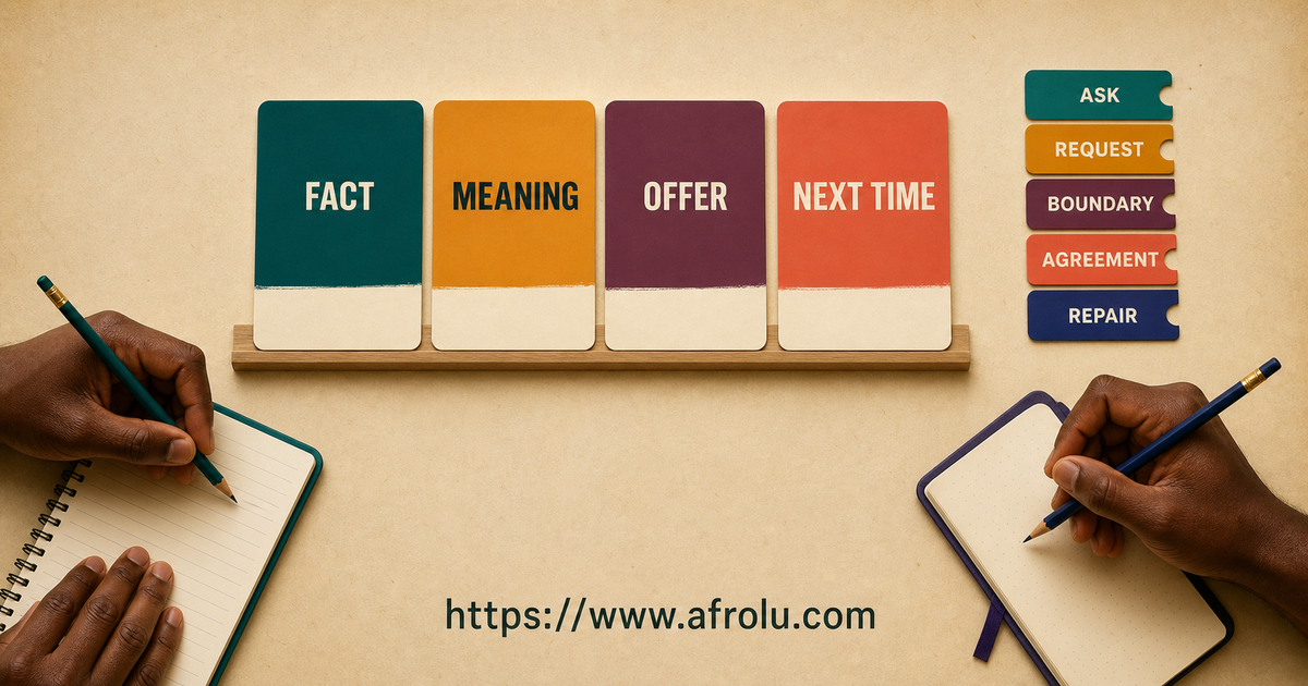 Conversation sentence builder with fact, meaning, offer and next-time cards for two adults