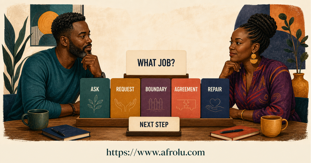 Two Black African adults using an adult conversation switchboard with ask, request, boundary, agreement and repair lanes