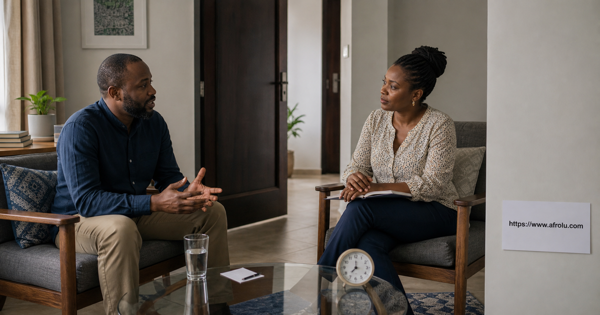 Two Black African adults pausing an ordinary home conversation while one listens and the other checks a small note