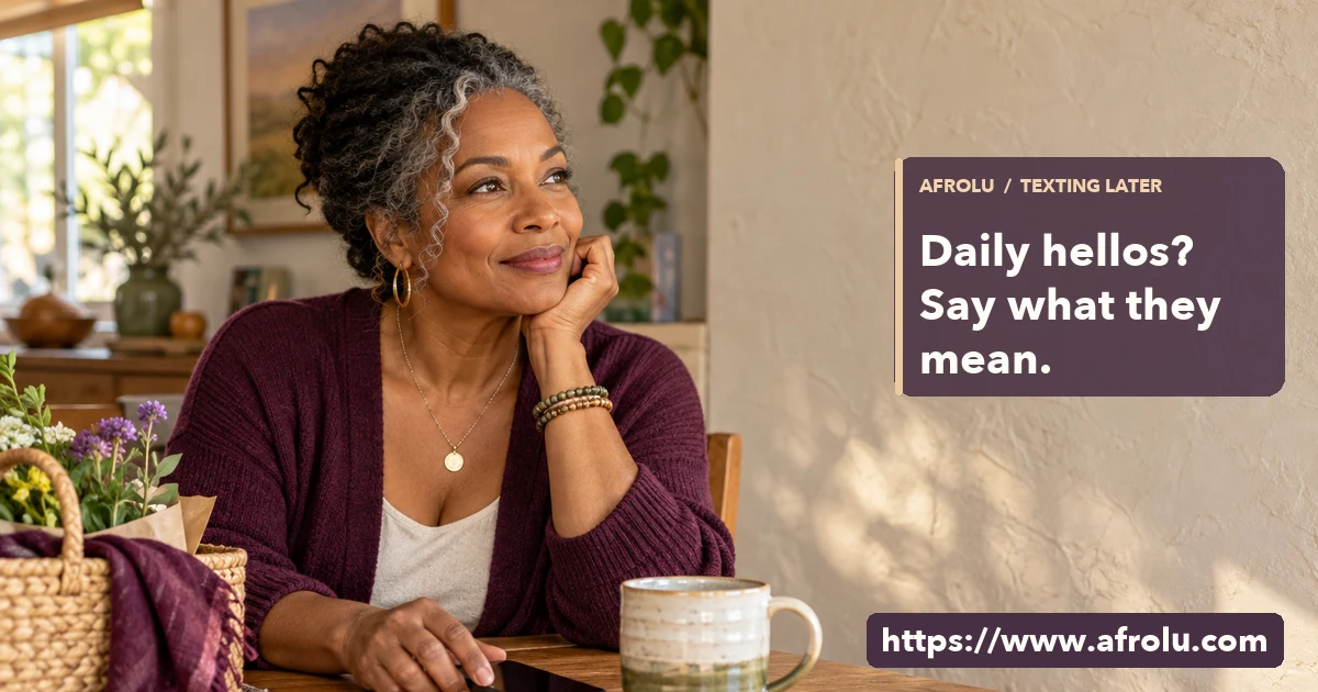 Adult Black woman in her fifties rests a phone beside a mug at a sunlit breakfast table and looks thoughtful.