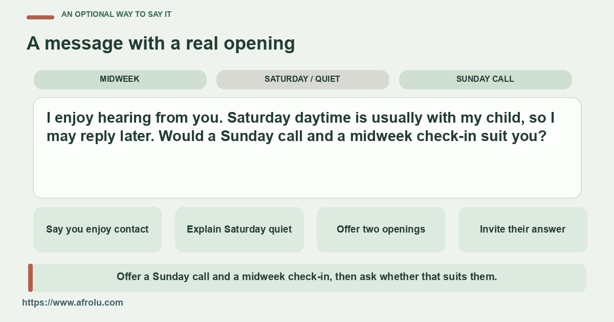 A parent explains a Saturday quiet period and offers Sunday and midweek contact.