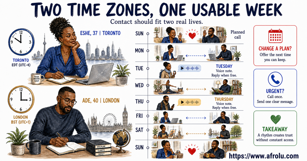 Eshe and Ade, adult diaspora professionals aged 37 and 40, use one Sunday call, flexible Tuesday and Thursday voice notes, and simple change and emergency rules.