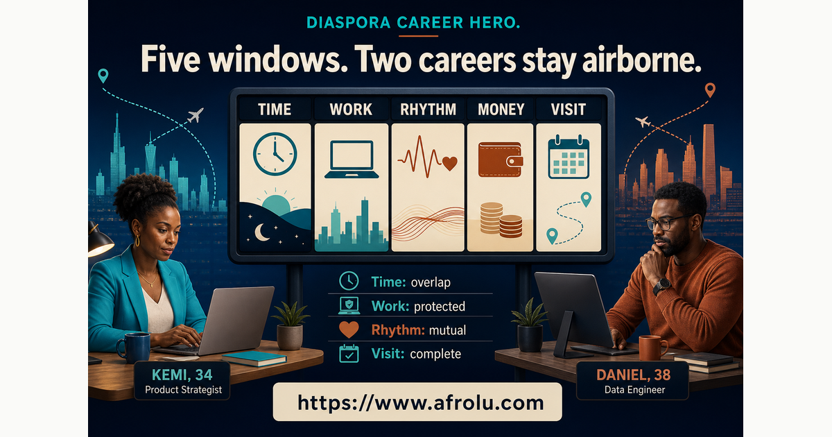 Fictional diaspora adults Kemi age 34 and Daniel age 38 using five flightboard windows for time work rhythm money and visits