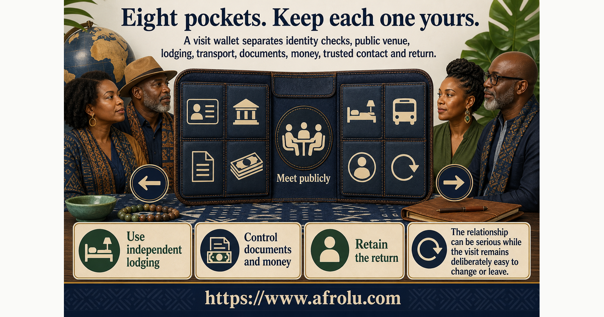 Eight-pocket travel wallet for identity venue lodging transport documents money trusted contact and return during diaspora weekend visits